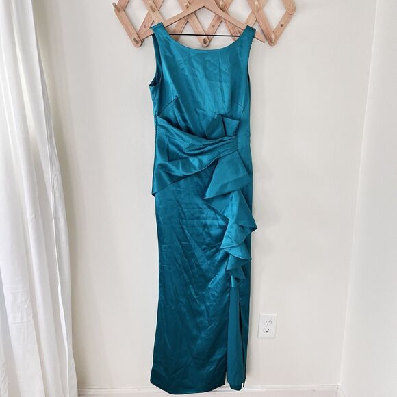 Eliza J Ruffle Satin Jade Green Mermaid Gown Size 10 - Picture 4 of 10